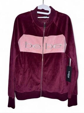 bebe Burgundy and Pink Velour Zip-Up Jacket